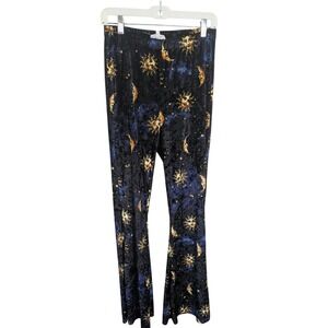 Bear Dance Celestial Velvet Flare Pants Women L Black Blue Sun Moon Good P2582